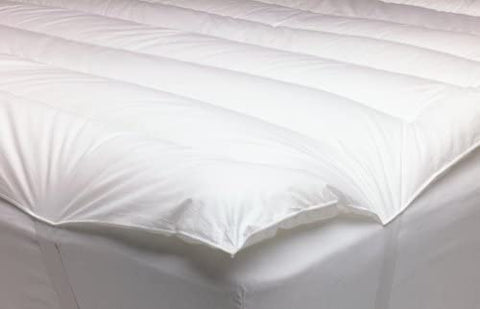 Sentence with product and brand name: A Natural Living INGEO™ Mattress Topper, made with Ingeo Fiberfill and designed for Natural Living, is placed on a bed for a comfortable and eco-friendly sleep experience.