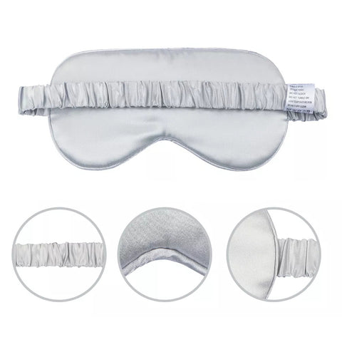 A Pillows.com Mulberry Silk Sleep Eye Mask with Silk Covered Elastic Strap displayed in multiple angles showcasing its soft, ruffled edge, contoured nose design, and elastic band for a comfortable, light-blocking fit.