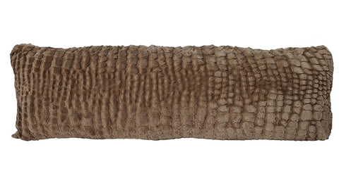 A brown crocodile textured Pillowtex Plush body pillow on a white background filled with polyester fiberfill.