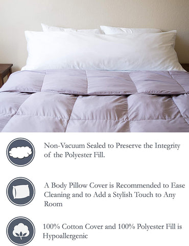 A bed with a Pillowtex Premium Polyester Body Pillow | Medium Support and pillowcase on it.