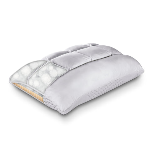 A PureCare SoftCell Select Pillow with a white Recovery fiber cover on a white background.