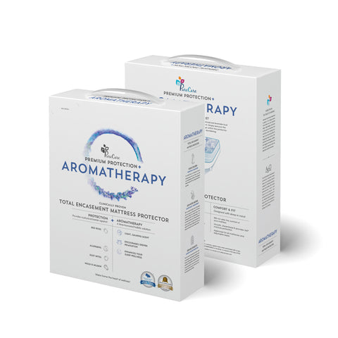 Two boxes of PureCare Aromatherapy Total Encasement Mattress Protectors on a white background.