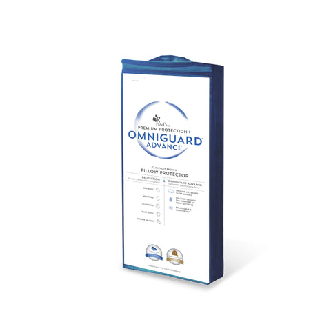 PureCare OmniGuard Pillow Protector packaging with "OmniGuard® Advance" branding, emphasizing protection against allergens, comfort, and health benefits, isolated on a white background.
