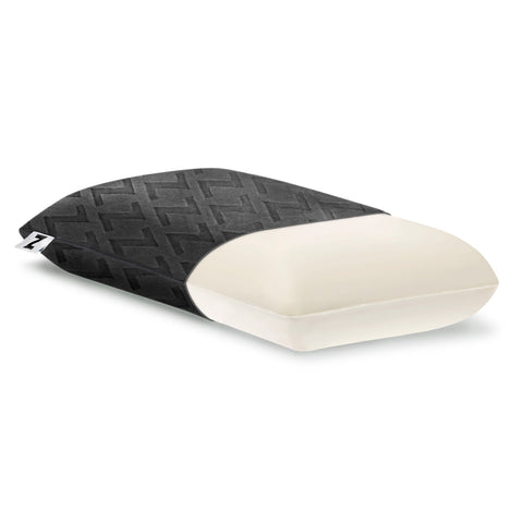 A comfortable black and white Malouf Travel Pillow on a white background.