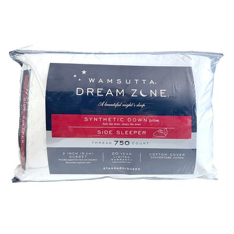 A brand-new Carpenter Wamsutta Dream Zone Synthetic Down Pillow for Side Sleepers, featuring a luxurious 750-thread count cotton sateen cover, with a 20-year warranty and standard/queen size.