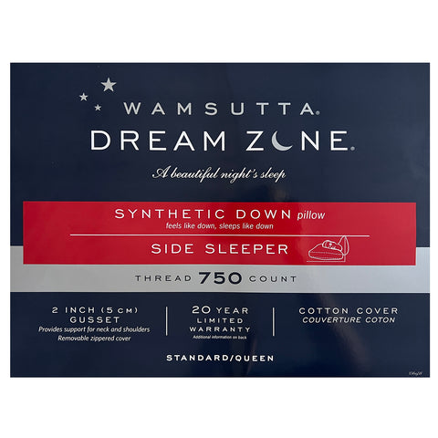 A product label for Carpenter Wamsutta Dream Zone Synthetic Down Pillow with a thread count of 750, featuring a 2-inch gusset for neck and shoulder support, 20-year limited warranty