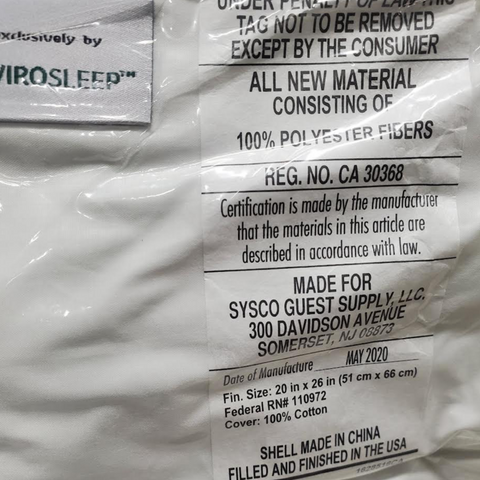 A label on a package of Manchester Mills Envirosleep Resiloft Soft Pillow | Featured at Many Hotels.