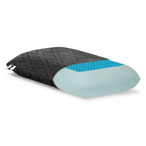 A black and blue Malouf travel pillow on a white background.