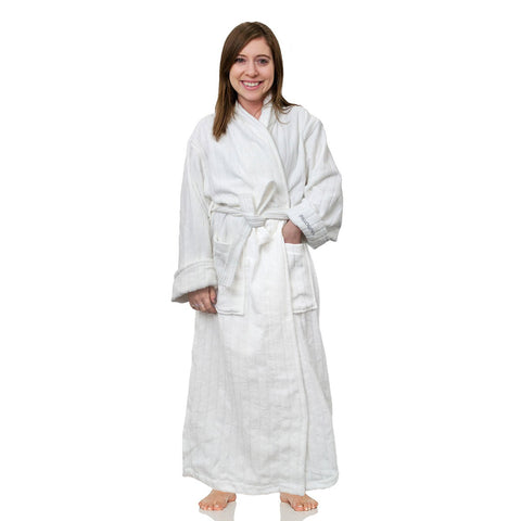 A woman in a Pillowtex Hotel Robe stands against a white background.