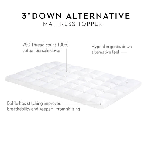 This Malouf mattress topper features baffle box construction and is hypoallergenic.
