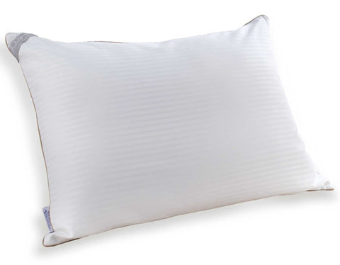 A plush white standard-sized Indulgence by Isotonic Synthetic Down Pillow with a subtle striped pattern and a blue label on one corner, suggesting brand identification, isolated on a white background for a clear and focused Carpenter display