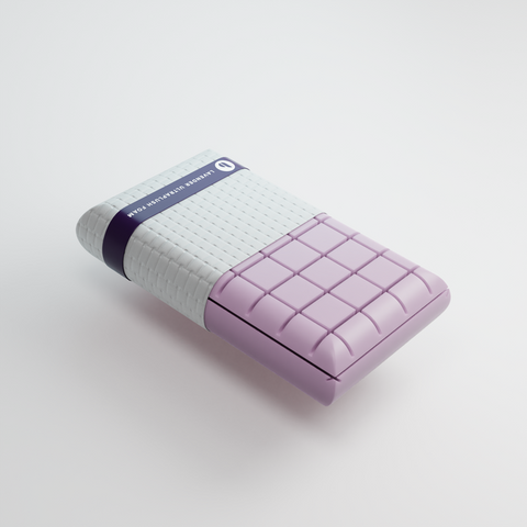 A Blu Sleep Prestige Lavender Memory Foam Pillow on a white surface.