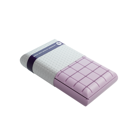 A Blu Sleep Prestige Lavender Memory Foam Pillow on a black background.