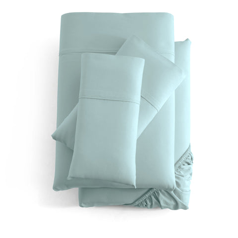 Malouf Bamboo Sheet Set in light blue, perfect for sensitive skin.