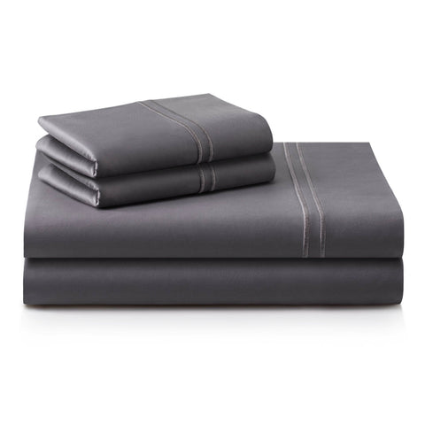 A high thread count grey Malouf Supima Premium Cotton sheet set with a black stripe.