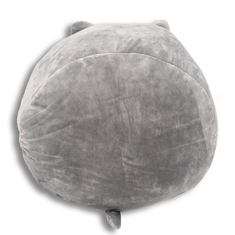 A round grey Purr-cilla The Cat pillow on a white background. Made with quality construction, this is the perfect children's gift.