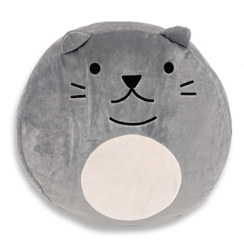 A cute Purr-cilla The Cat pillow with a grey round shape, perfect for children's gifts, made with quality construction by Pillowtex.