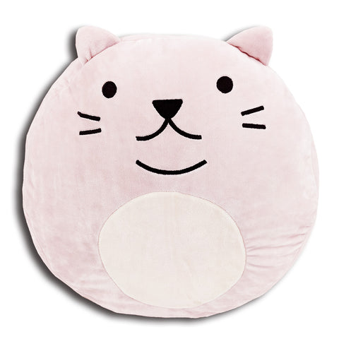 A round pink Squishy Polyester Cat Pillow with Tail & Ears, perfect for children's gifts, from Pillowtex.
