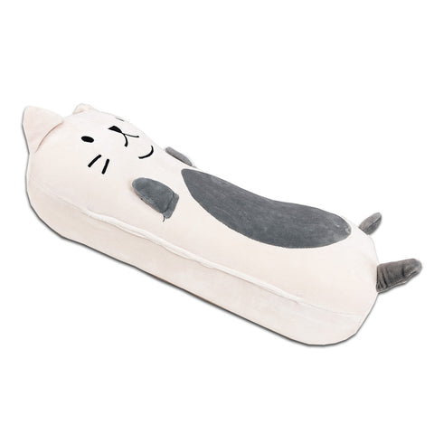 This Marshmallow The Cat memory foam cat pillow is a perfect children's gift, with its quality construction and cute design lying on a white surface.