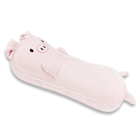 A pink Wilbur The Pig shaped pillow made with memory foam, perfect for children's gifts, laying on a white surface.