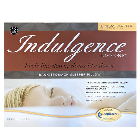 A package for "Indulgence by Isotonic Synthetic Down Pillow" by Carpenter, featuring a woman lying comfortably, highlighting its 500 thread count cotton, antimicrobial cover with hypoallergenic fill; ideal for back.