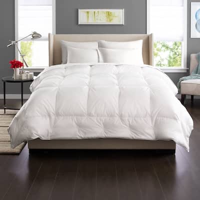 A hypo-allergenic Pacific Coast Feather Grandia Down Comforter lies on a bed in a bedroom.