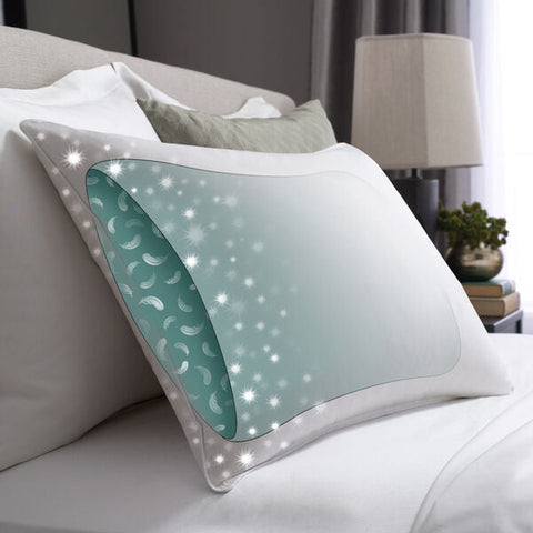 A Pacific Coast Feather Double Touch of Down Pillow with a blue and white design that is machine washable.