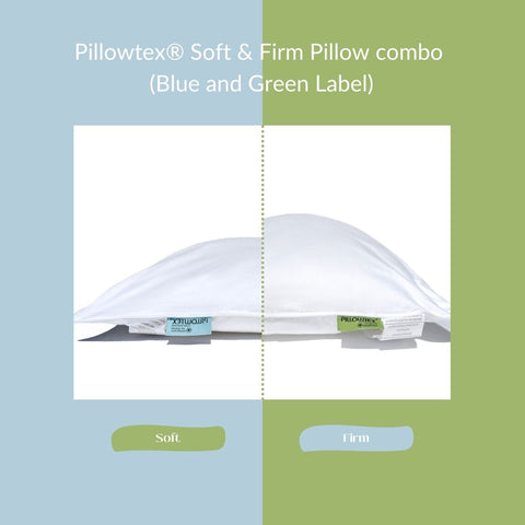 Pillowtex Green Tag Super Soft Pillow, perfect for stomach sleepers, with a blue and green label.