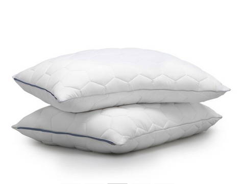 Two plush white pillows with quilted design and blue piping, crafted from hypoallergenic performance fabric, stacked on top of each other, isolated on a white background, suggesting comfort and luxury for a Final Sale: SHEEX All Over Air Pillow | Temperature Control.