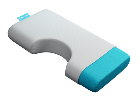 A white and blue Blu Sleep Ceramo Memory Foam Pillow made with Air Memory foam on a black background.