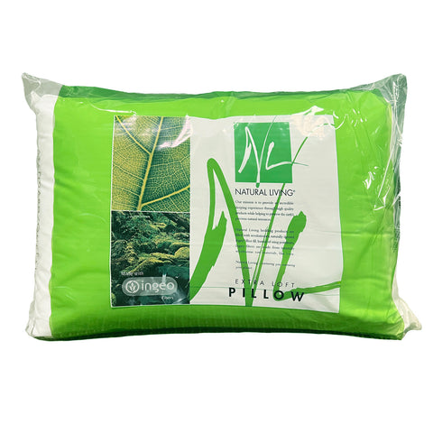 A green Natural Living Down Alternative Pillow on a white background, crafted with high quality INGEO™ Fibers for Natural Living.