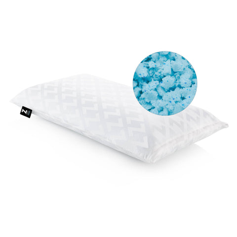 A Malouf Shredded Gel Dough Pillow with a blue ball on it.