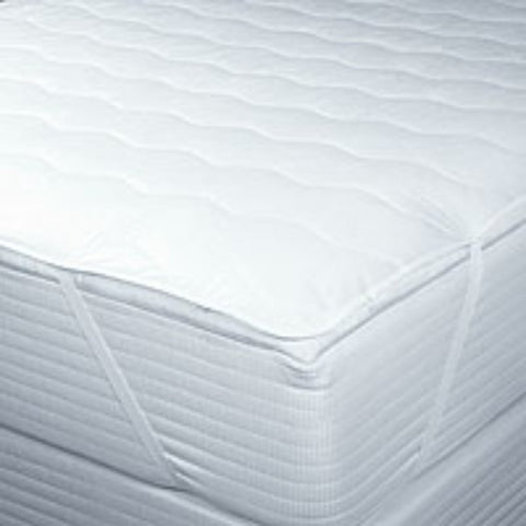 A close up of a Carpenter Contract Soft Flat Mattress Pad with Anchor Bands with a white cover.