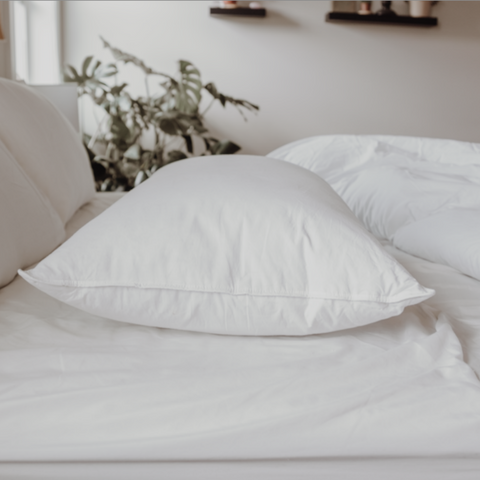 A soft white Down Dreams Classic Soft Pillow by Manchester Mills on a white bed, made with feather and down.