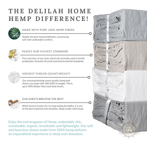 Luxurious and eco-friendly Delilah Home organic hemp bed sheets, showcasing a natural color palette, neatly stacked and folded, with emphasis on sustainable materials and comfort-enhancing features.