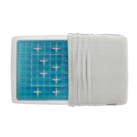 A Technogel Deluxe Thin Pillow with blue squares, providing support for restful sleep.