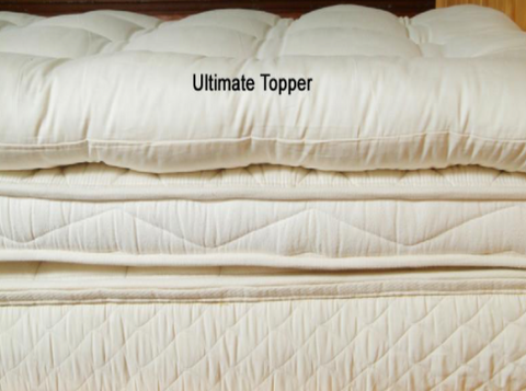 The Holy Lamb Organics Natural Quilted Topper - Ultimate Topper Thickness is stacked on top of a mattress made of breathable wool.