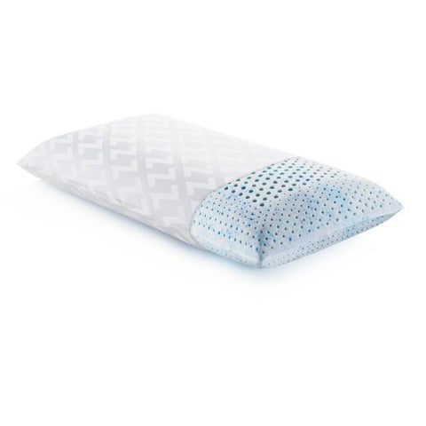 A supportive Malouf Gel Talalay Latex Pillow with a blue and white design on a white background.