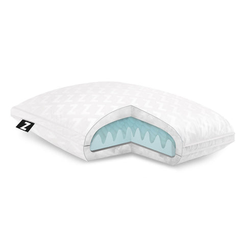 A Malouf Gel Convolution Pillow with a blue cover by Malouf.