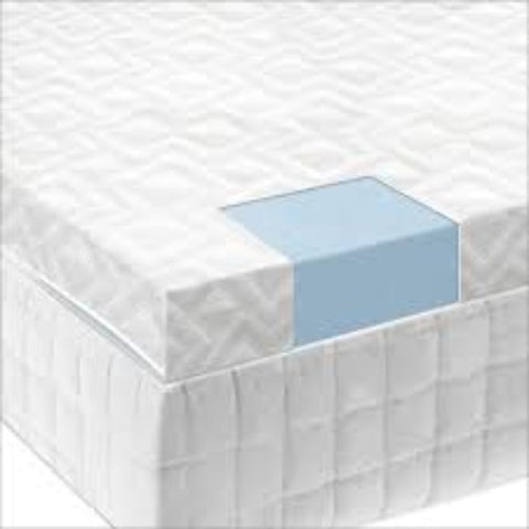 A Malouf Isolus 2.5 Inch Gel Memory Foam Topper with a blue cover for added cooling comfort.