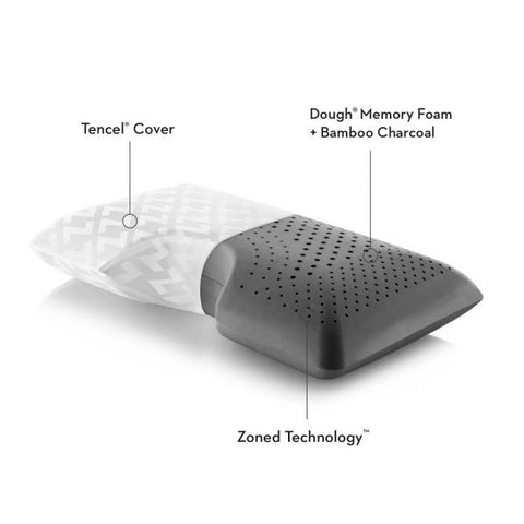 An image of a Malouf Shoulder Zoned Dough + Bamboo Charcoal pillow with a label featuring the Malouf brand.