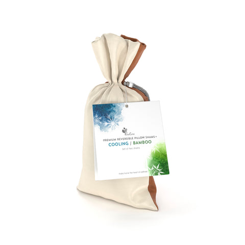 A canvas bag with a drawstring closure, PureCare branded label for PureCare Premium Cooling Bamboo Pillow Sham Set, highlighting eco-friendly and hypoallergenic features, presented on a white background.