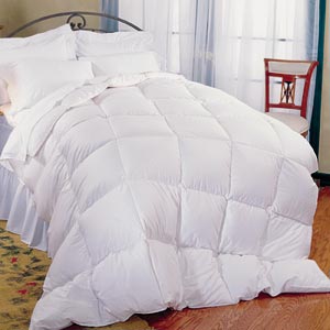 An Pillowtex Arctic Weight Feather and Down Comforter on a bed in a bedroom.
