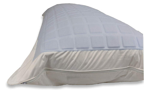 A white Pillowtex body pillow with a blue Pillowtex cooling gel cover made of 100% cotton.