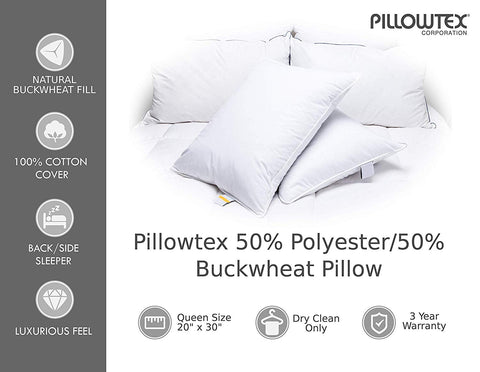 A Pillowtex Kyoto Pillow - Half Buckwheat Half Polyester Pillow - Japanese Style Pillow with the words "pillowtex 50% polyester 50% buckwheat pillow" is available.