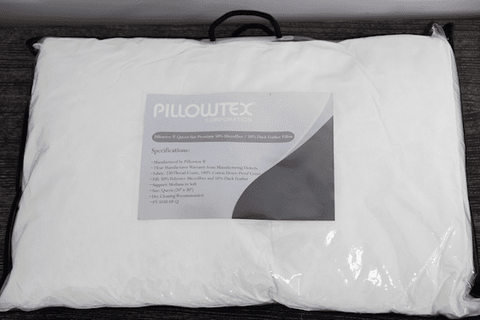 This Pillowtex 50% White Duck Feather/50% Microfiber Pillow has the word Pillowtex embroidered on it.