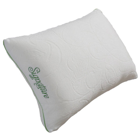 A Protect-A-Bed Naturals Pillow with green lettering and a cooling cover.