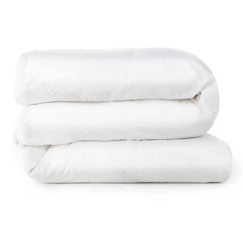 Two neatly folded Stearns & Foster White Down Comforters with 400 thread count cotton stacked against a white background, presenting a clean and simplistic bedding option.