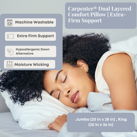 A woman is sleeping on a bed with a Carpenter Co. Dual Layered Comfort Pillow designed for side sleepers.