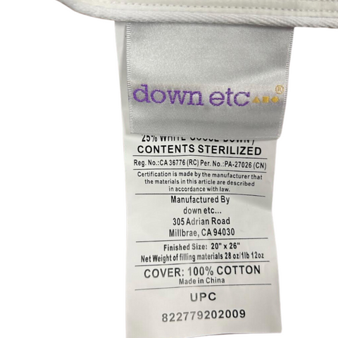 A label with the word "Down Etc." for pillow support.